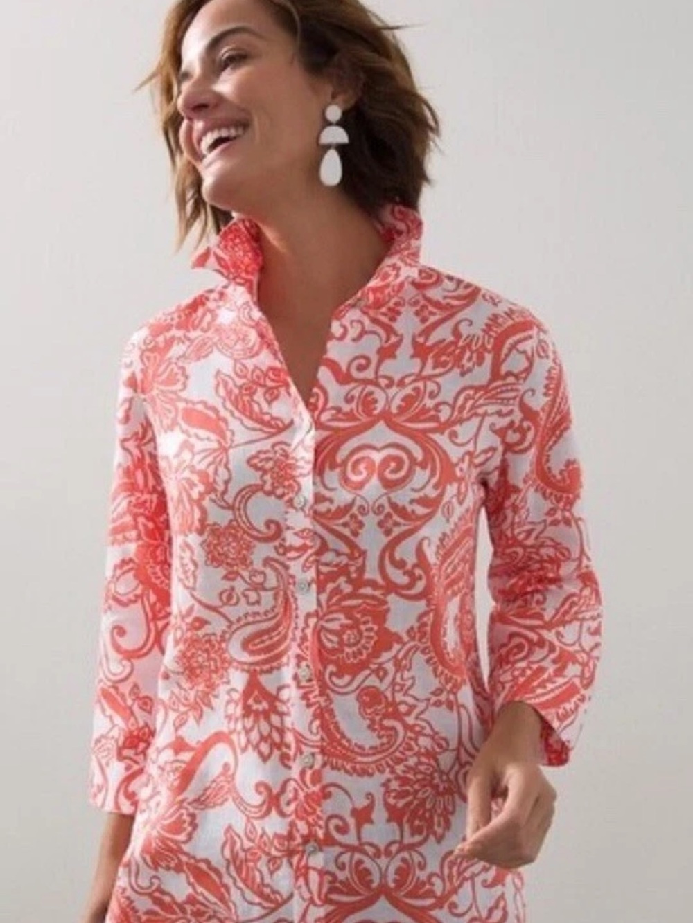 Talbots Coral and White Paisley Button-Down Shirt